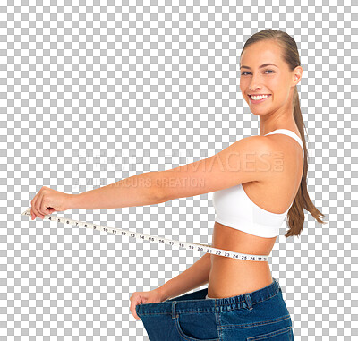 Measuring waist of sportswoman with tape measure stock photo