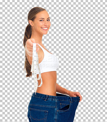 Body, legs and tape measure with a woman in studio on a gray background  measuring for weightloss. F Stock Photo by YuriArcursPeopleimages