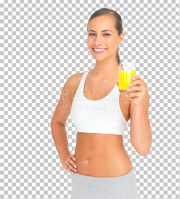 Buy stock photo Health, wellness and portrait of woman with juice on png, isolated and transparent background. Fitness, exercise and happy girl with orange fruit drink for nutrition, diet and vitamins for workout