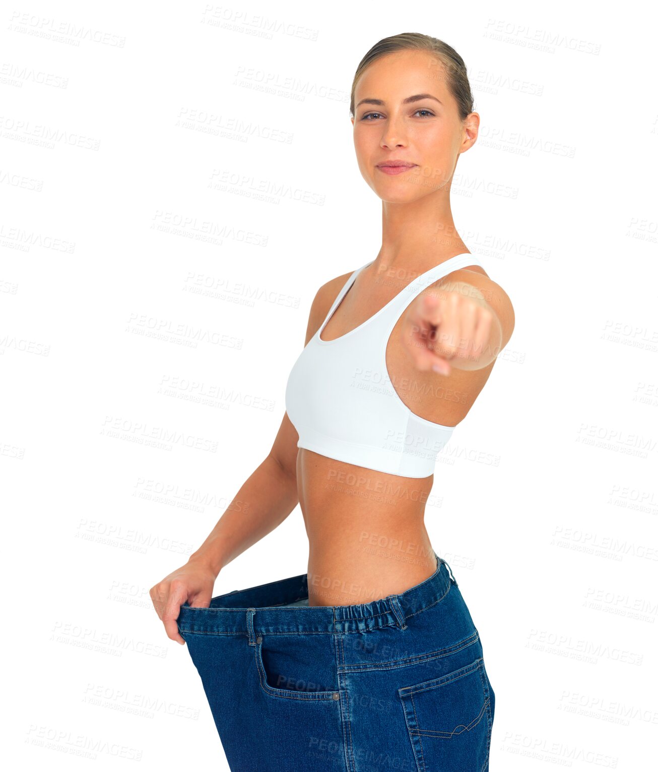 Buy stock photo Point, weightloss and portrait of a female in jeans after diet, tummy tuck or exercise. Achievement, success and woman model with motivation for workout, health or wellness isolated by png background