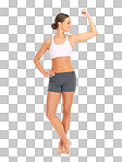 Sports, fitness and woman with arm muscle in studio isolated on a png background mockup. Strong, power and female model, athlete or body builder flexing bicep after training, workout or exercise