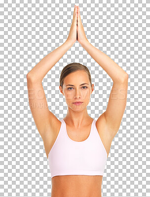 Buy stock photo Yoga pose, portrait by woman fitness on isolated, transparent and png background. Sports, meditation and face of lady with zen, peace and relax during training, wellness and cardio exercise workout