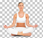 A Woman, yoga meditation and exercise with wellness and workout. Fitness model, zen and lotus praying for chakra energy, mindset and peace of mental health isolated on a png background