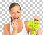 Health, diet and woman with grapes in a studio for a healthy snack, nutrition or craving. Wellness, weightloss and portrait of a young female model eating fruit while isolated on a png background