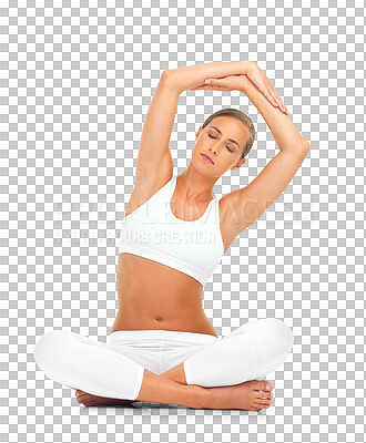 Buy stock photo Stretching, yoga and woman on floor isolated on transparent, png background for peace, calm and meditation. Meditate, fitness and zen person in pilates, body wellness and holistic exercise or workout