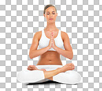 Wellness, health and meditation yoga model in calm, relaxed and mindfulness position for peace. Spiritual, meditate and fitness girl  mockup for yogi lifestyle isolated on a png background