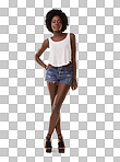 Fashion, beauty and casual portrait of black woman with confidence, gen z girl isolated on a png background. Africa, fun and weekend style, happy woman fashion model or influencer standing in studio.