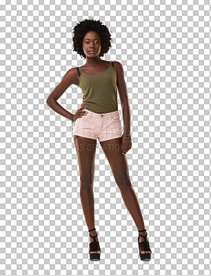 Buy stock photo Black woman, fashion or afro in portrait with confident model isolated on transparent png background. Beauty, gen z and stylish young female model, trendy and attitude in summer casual clothes 