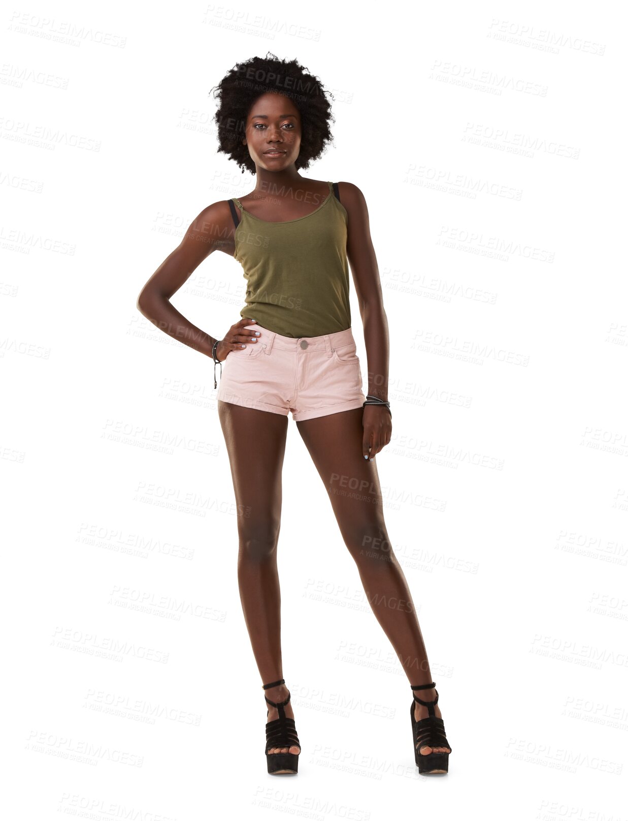 Buy stock photo Black woman, fashion or afro in portrait with confident model isolated on transparent png background. Beauty, gen z and stylish young female model, trendy and attitude in summer casual clothes 