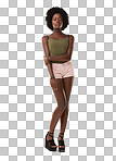 Fashion, style and portrait of a casual black woman with a trendy, edgy and cool outfit. Beauty, and model from South Africa with stylish clothes while isolated on a png background