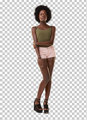 Buy stock photo Black woman, fashion model and portrait with confidence in summer or casual clothes isolated on transparent, png background. Beauty, gen z youth and stylish with trendy and edgy young female