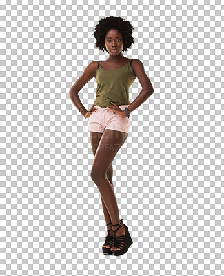 Fashion, casual and portrait of an African model in a studio with a trendy, edgy and cool outfit. Beauty, young and black woman with an afro wearing stylish clothes while isolated on a png background