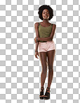 Fashion, beauty and portrait of black woman with trendy, stylish and casual clothes. Natural cosmetics, confident attitude and isolated Jamaican girl in studio with summer style isolated on a png background