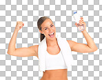 Fitness winner, woman and water bottle in studio for health, workout or training motivation and goal success. Strong, fist and portrait of a sports model with drink isolated on a png background