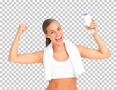 Buy stock photo Health, excited and portrait of woman with water on png, isolated and transparent background. Fitness, exercise and happy girl flex muscles with bottle for nutrition, diet and wellness for workout