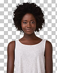 Black woman afro, portrait smile and standing while looking happy against isolated on a png background. Isolated African American female model smiling with curly hair for profile, pose or expression