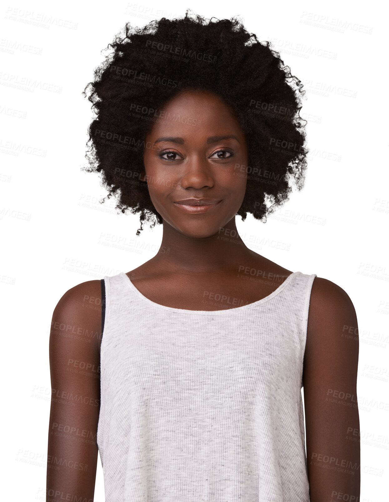 Buy stock photo Beauty, happy and portrait of a black woman with an afro and natural, makeup and cosmetic face. Cosmetics, beautiful and young African female model with a smile isolated by transparent png background