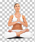 Thinking, peace and meditation yoga girl in calm, relaxed and mindfulness position for mental health. Spiritual, meditate and fitness woman mockup for yogi lifestyle isolated on a png background