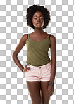 Fashion, beauty and portrait of black woman in studio isolated on a png background with trendy, stylish and casual clothes. Summer style, fashion model and female from Jamaica with confidence, pose and youth