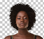 A Portrait, face and beauty with a model black woman for natural haircare. Facial, cosmetics and hair with an afro attractive young female posing alone in Jamaica isolated on a png background