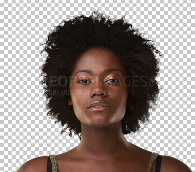 Buy stock photo Portrait, makeup and beauty cosmetics with a black woman for natural hair care. Face headshot, glow and an afro hairstyle of an attractive young female model isolated on a transparent png background