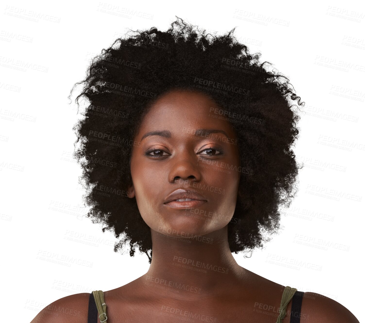 Buy stock photo Portrait, makeup and beauty cosmetics with a black woman for natural hair care. Face headshot, glow and an afro hairstyle of an attractive young female model isolated on a transparent png background