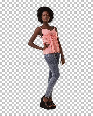 Buy stock photo Fashion, model and portrait of black woman with style, confidence and attitude. Female person from Jamaica with afro hair, trendy clothes and hand on hip isolated on a transparent png background