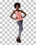 Fashion, stylish and portrait of a black woman with an afro on a isolated on a png background in studio. Trendy, fashionable and full body of a young African designer clothing model with an elegant pose