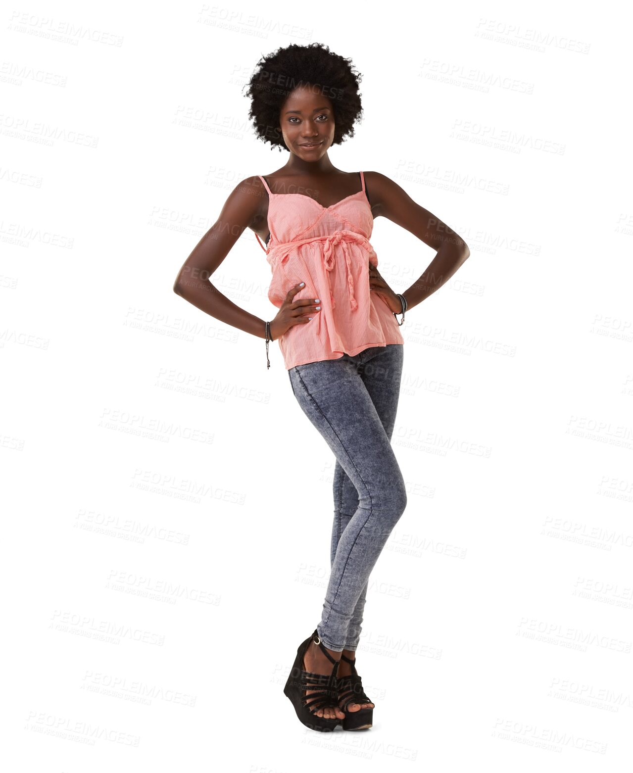 Buy stock photo Fashion, style and happy portrait of a black woman with confidence and a positive mindset. Female model from Jamaica with trendy clothes and hands on hips isolated on a transparent, png background