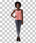 Portrait, fashion and a black woman with her hand on her hip in confidence. Clothes, trendy and confident with a young african american female posing for style isolated on a png background