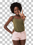 Portrait, fashion and black woman with peace sign. Natural cosmetics, beauty and happy, cool and stylish young female model with hand gesture, symbol or emoji isolated on a png background