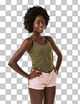 Fashion, beauty and portrait of black woman with smile, confidence and gen z girl isolated on a png background. Happy face, casual fun and weekend style, woman or influencer model standing in studio.