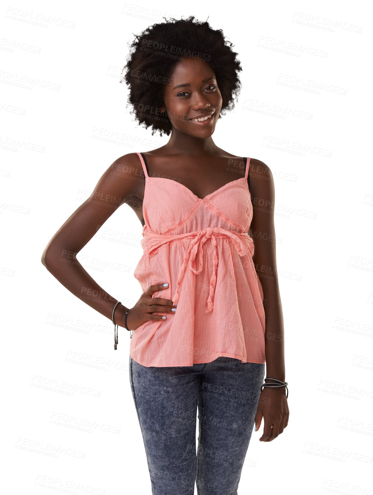 Buy stock photo Fashion, portrait and a black woman with a smile, style and positive mindset. Happy female model from Jamaica with afro, trendy clothes and hand on hip isolated on a transparent, png background