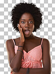 Shock, surprise and portrait of a black woman with a omg, wtf or wow facial expression. Shocked, surprised and African female model amazed at good news isolated on a png background