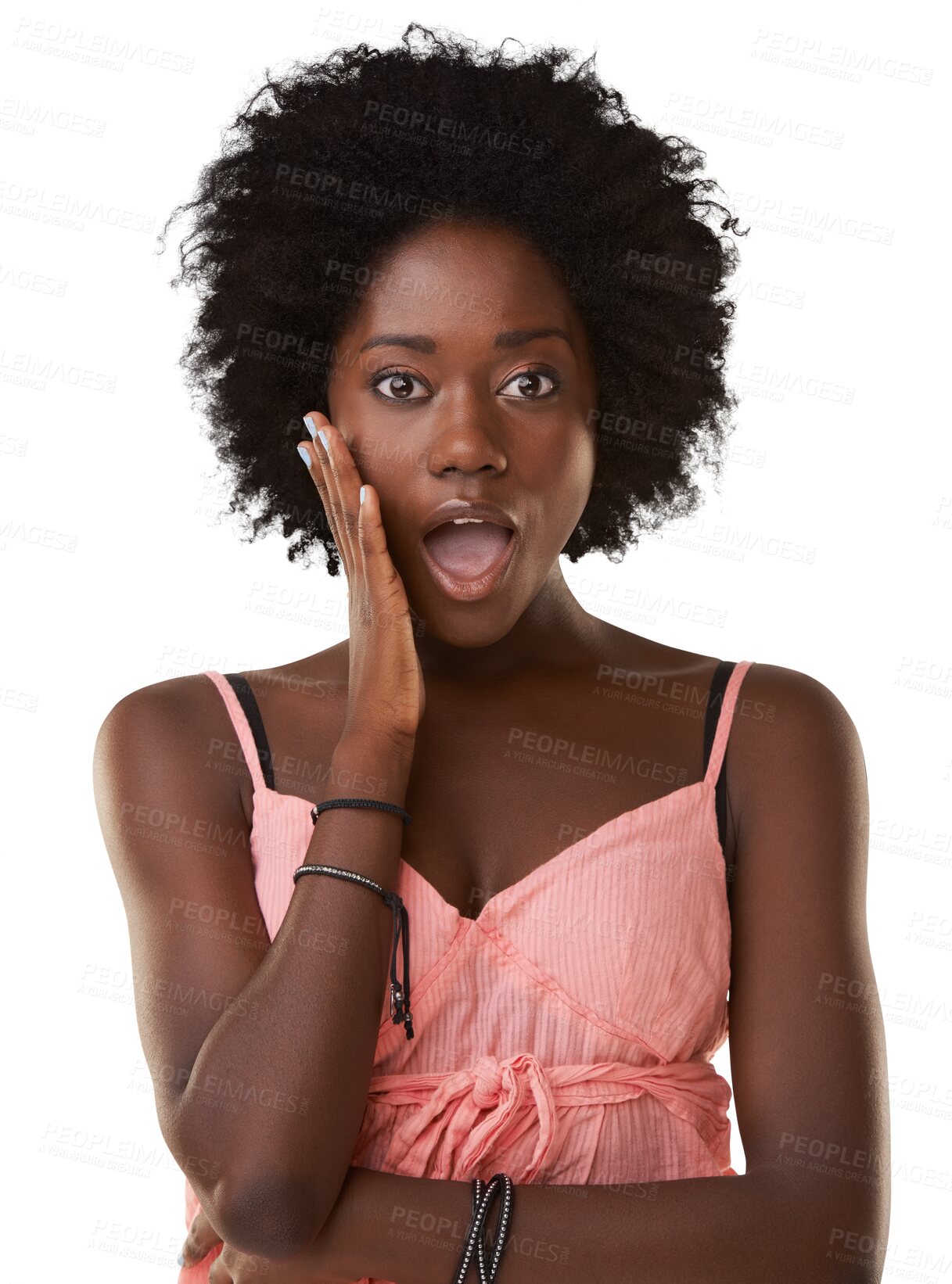 Buy stock photo Black woman, face and surprise in portrait with shock and wow expression isolated on transparent, png background. Female reaction to news, notification or announcement, omg, emotion and mouth open