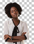 Black woman, studio portrait and arms crossed with focus, serious and beauty by isolated on a png background. woman, african and face for clothes, fashion and aesthetic with vision, beautiful and pride