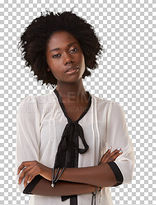 Buy stock photo Black woman, serious and arms crossed portrait with style, confidence or pride. Professional female face, employee or worker person from Jamaica with confidence isolated on transparent png background