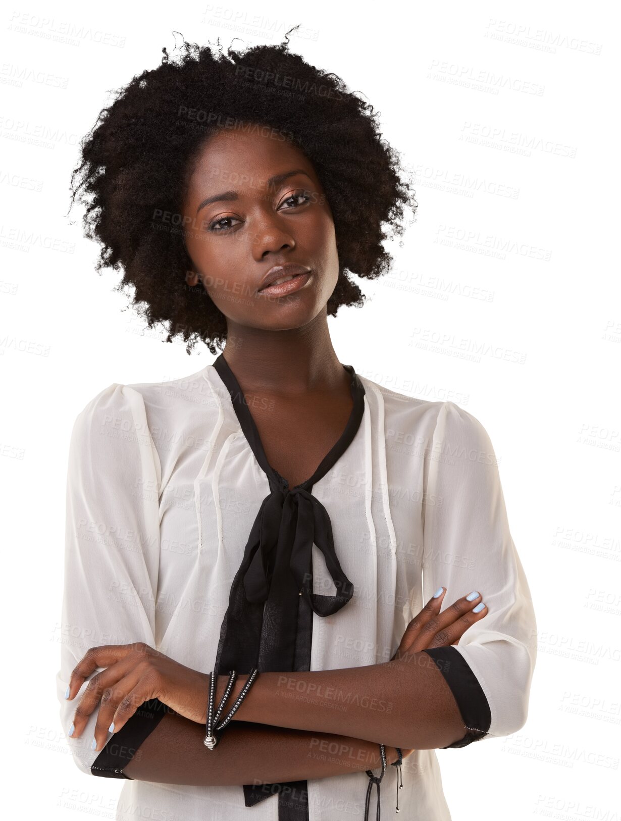 Buy stock photo Black woman, serious and arms crossed portrait with style, confidence or pride. Professional female face, employee or worker person from Jamaica with confidence isolated on transparent png background