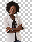 Portrait, fashion and confidence with a black woman standing arms crossed. Style, vision and mindset with an attractive young female posing while feeling confident isolated on a png background