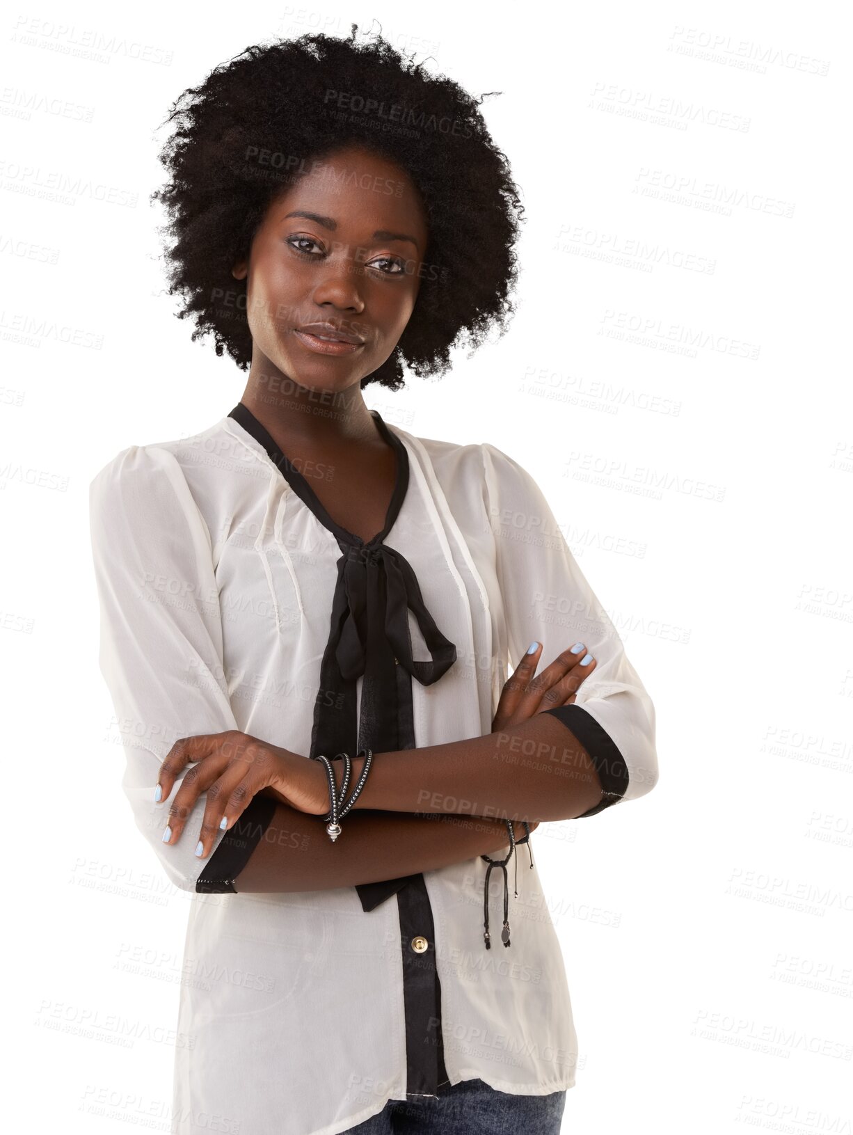 Buy stock photo Fashion, beauty and portrait of black woman with style, confidence and attitude. Female model from Jamaica with afro, trendy clothes and arms crossed isolated on a transparent, png background