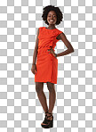 Happy, fashion and portrait of a black woman in a studio with a fancy, luxury and stylish dress. Style, trendy and female model from South Africa in cool, red and beautiful outfit by isolated on a png background