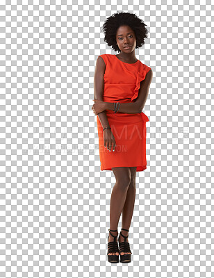 Buy stock photo Fashion, portrait and style of a black woman with beauty, confidence and style. Female model from Jamaica with afro, designer clothes or elegant dress isolated on a transparent, png background
