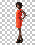 Fashion, portrait and black woman in dress in studio isolated on a png background mock up. Natural beauty, makeup aesthetic and female model in designer, trendy or stylish high heels, shoes and red outfit.