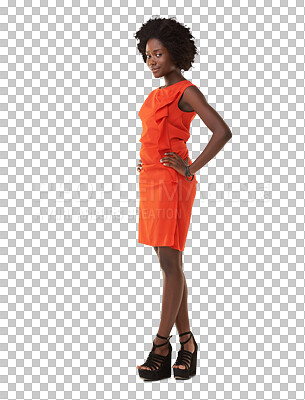 Buy stock photo Fashion, black woman and portrait with a smile, confidence and elegant style. Happy female model from Jamaica with afro, retro clothes and high heels isolated on a transparent, png background
