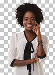 Beauty, black woman and model portrait feeling happiness with smile and isolated on a png background, calm and happy smiling of a person with curly afro hair confident and beautiful with mock up