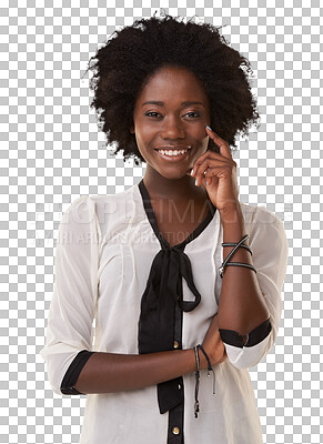 Buy stock photo Business woman, black person and portrait with a smile and hand on face for positive mindset. Female model from Jamaica happy with professional career while isolated on a transparent png background