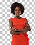 Portrait, business and black woman with arms crossed mock up. Ceo, boss and face of confident and proud female entrepreneur with vision, mission and success mindset isolated on a png background