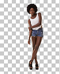 A Black woman, fashion and natural beauty portrait of a model from Chicago. Vertical, studio and cool young woman isolated with mock up and afro hair style feeling trendy isolated on a png background