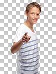 Children, portrait and pointing with a boy for branding or marketing. Kids, hand and point with a male child on blank mockup space for advertising a logo isolated on a png background