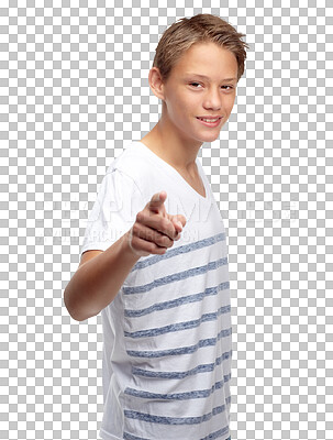 Buy stock photo Portrait, boy and kid pointing to you for choice, decision and isolated on a transparent png background. Happy teen, youth and show finger for offer, selection and emoji for direction or opportunity